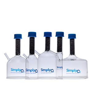 Five 'SimplyO3' bottles with blue caps on a white background
